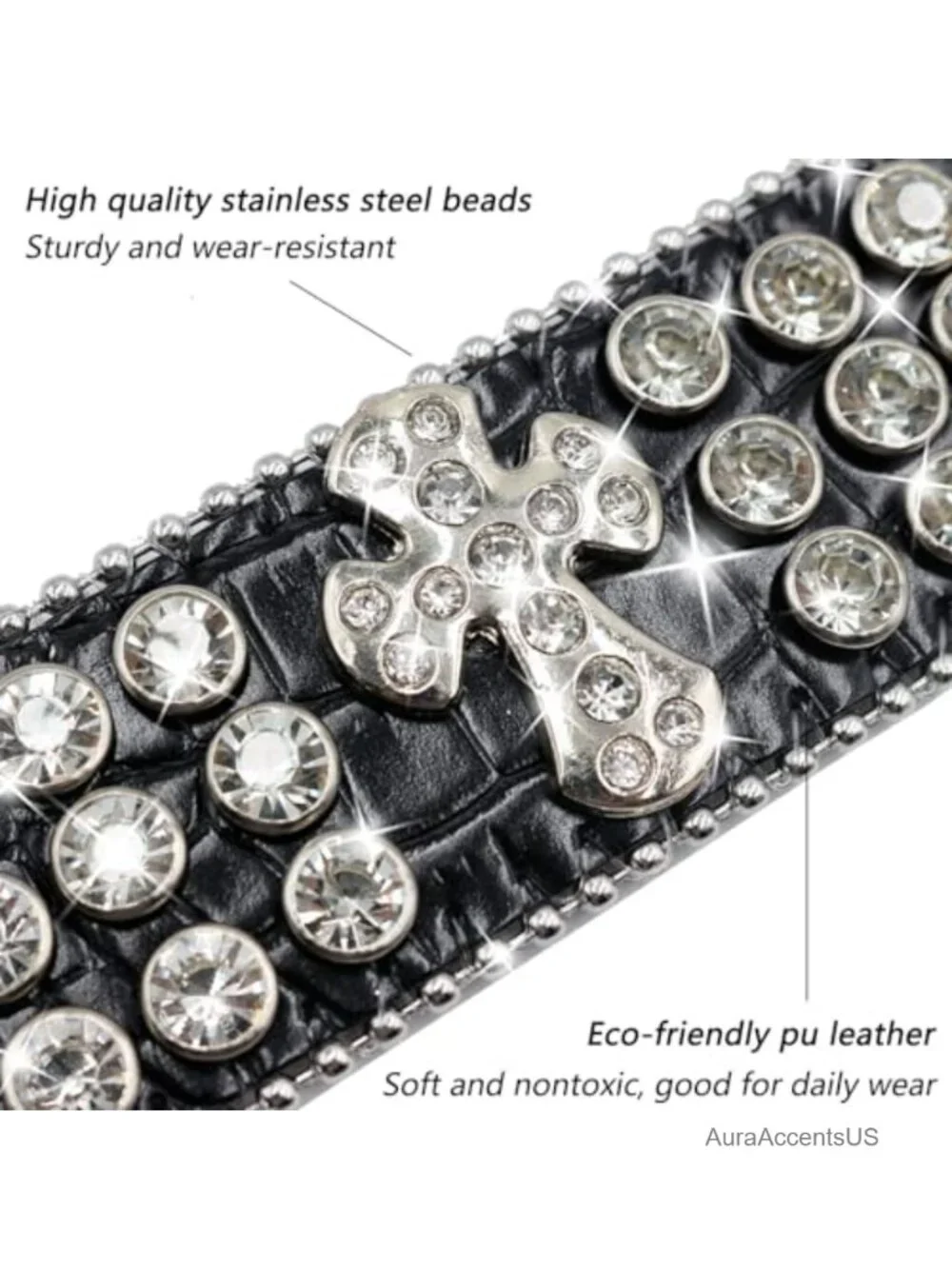 Rhinestone Studded Leather Cuff Bracelet Punk Cross Design Unisex